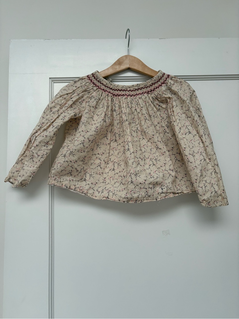 Bonpoint Cream Floral Smocked Long-Sleeve Blouse